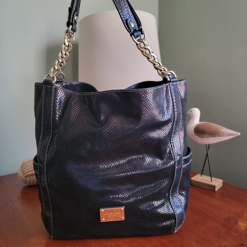 Michael Kors Delancy Python Embossed Black Metallic Leather Shoulder Tote Bag
